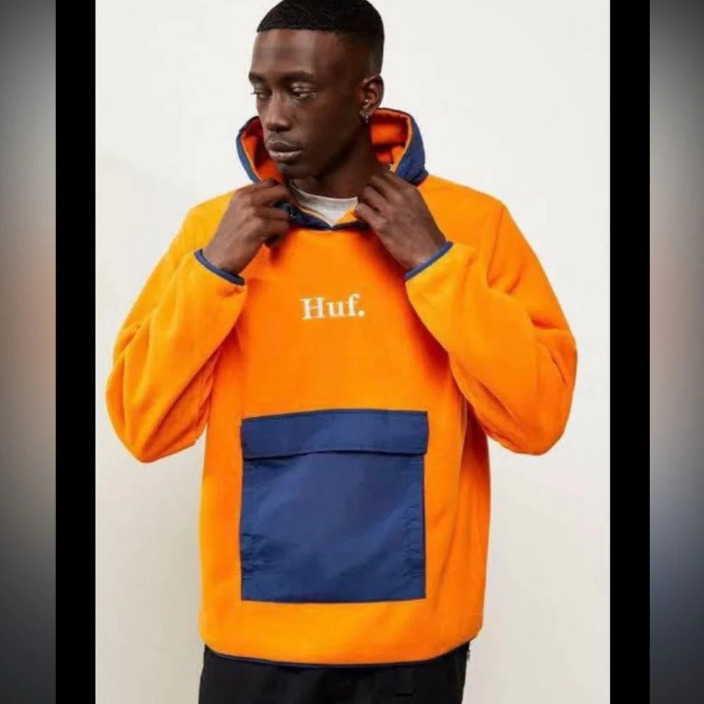 HUF Men’s Domestic Pullover Fleece in Orange and Navy Blue Size Large EUC - Picture 3 of 5
